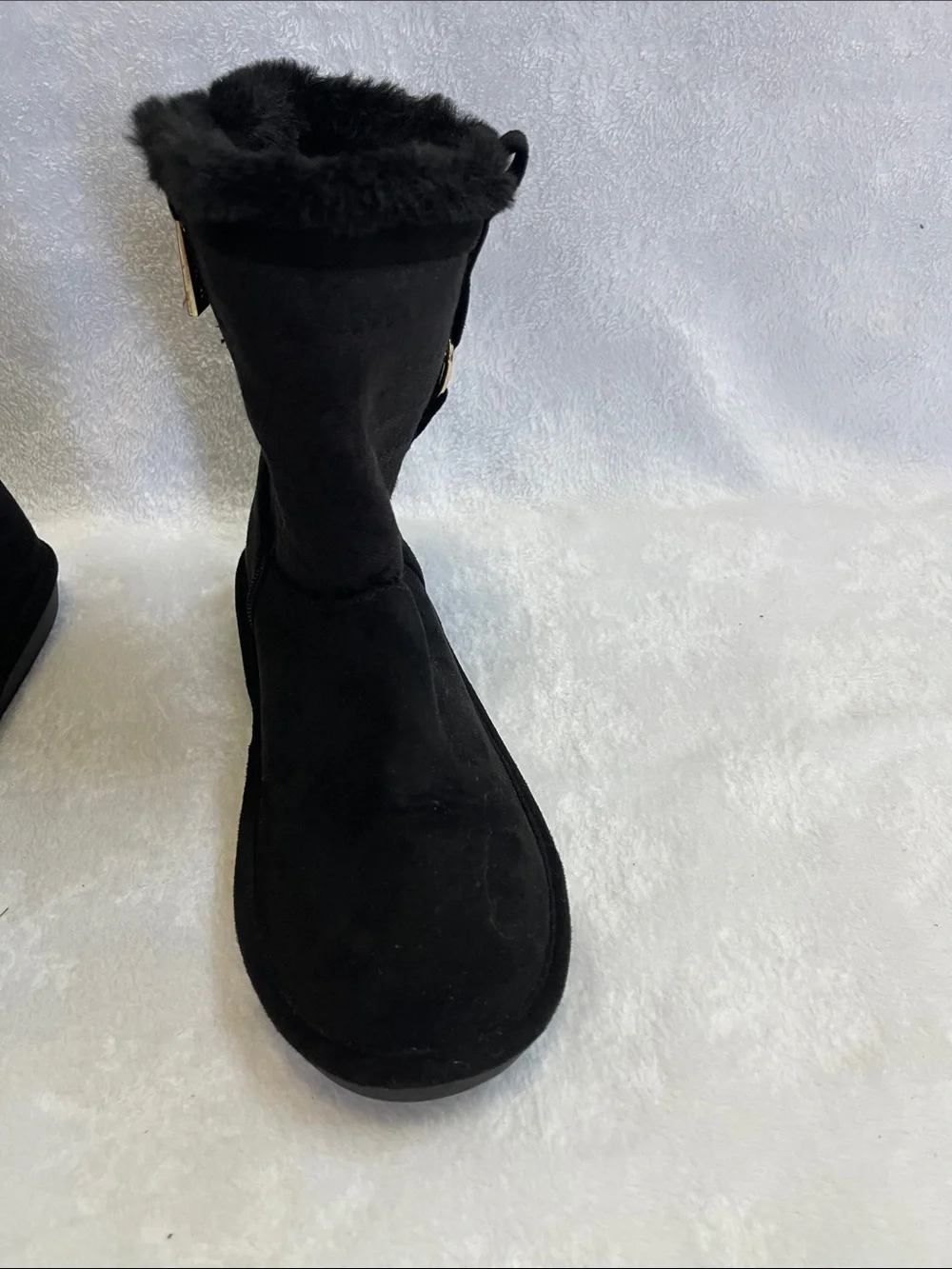 Michael Kors Black Suede Faux-Fur Mid-Calf Boots with Gold Logo
